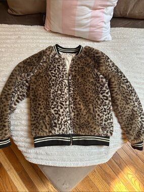 Faux Fur Leopard Print Bomber Jacket - Brown